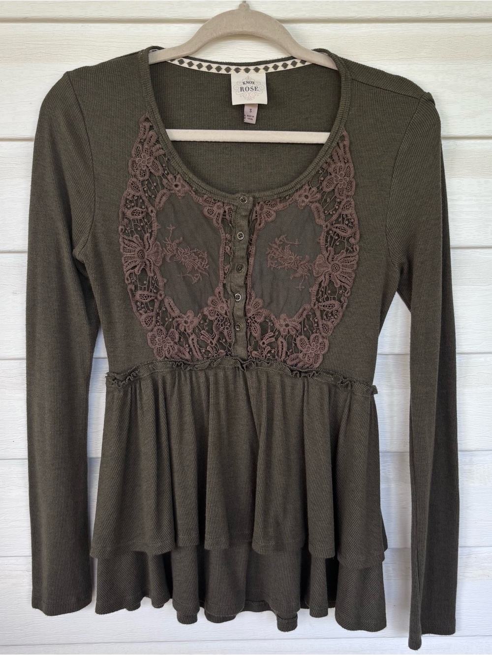 Knox Rose Olive Green Lace Peplum Top S Boho Y2K Long Sleeve